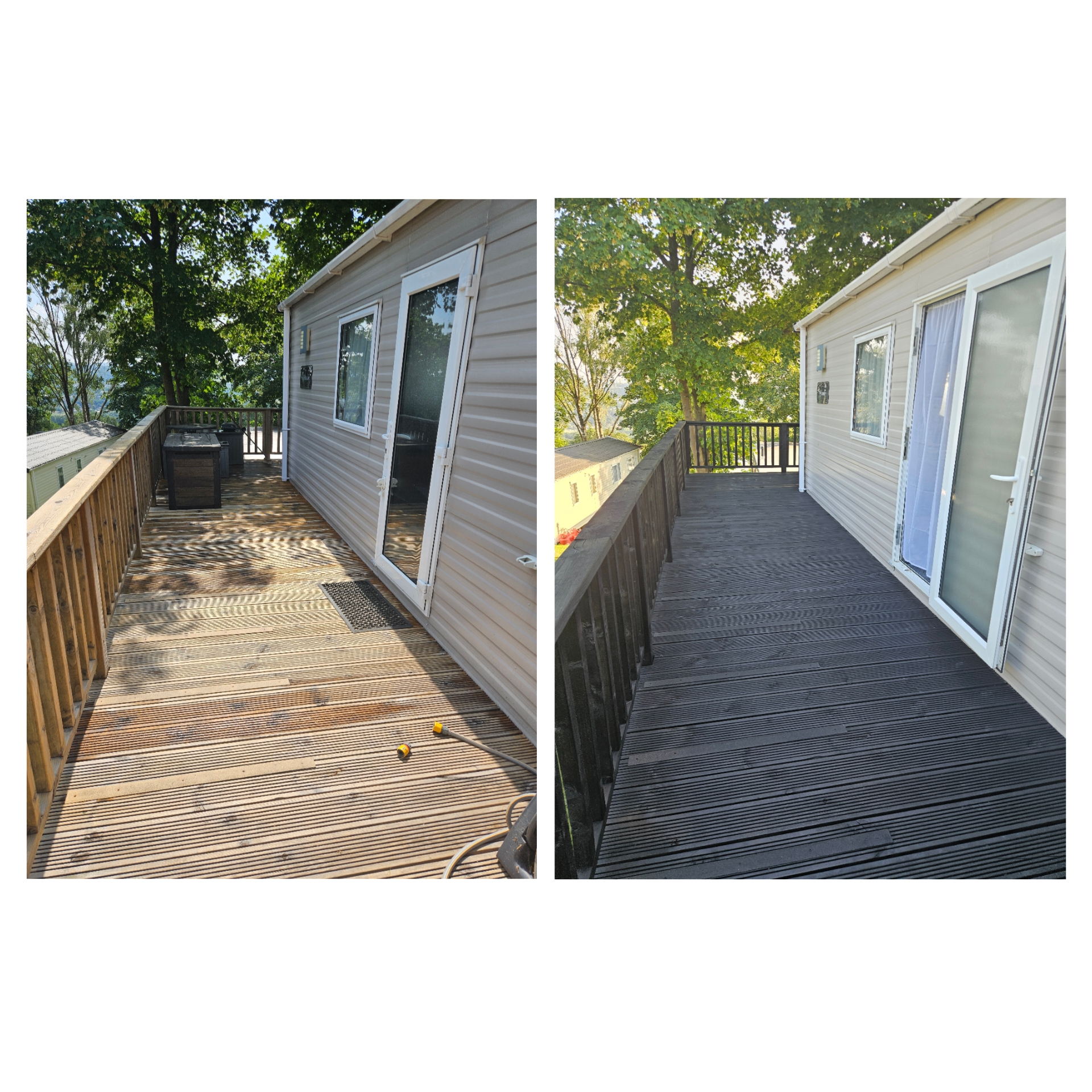 Timber decking before and after painting with dark stain