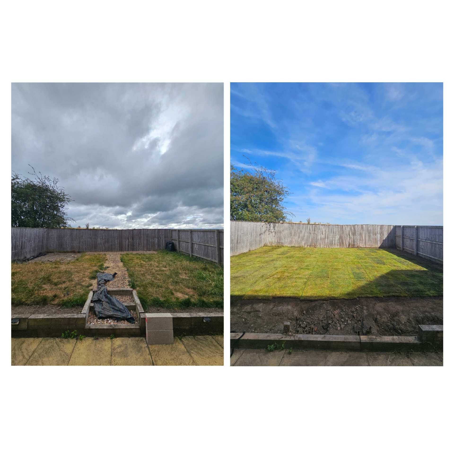 Garden lawn before and after new turf was laid