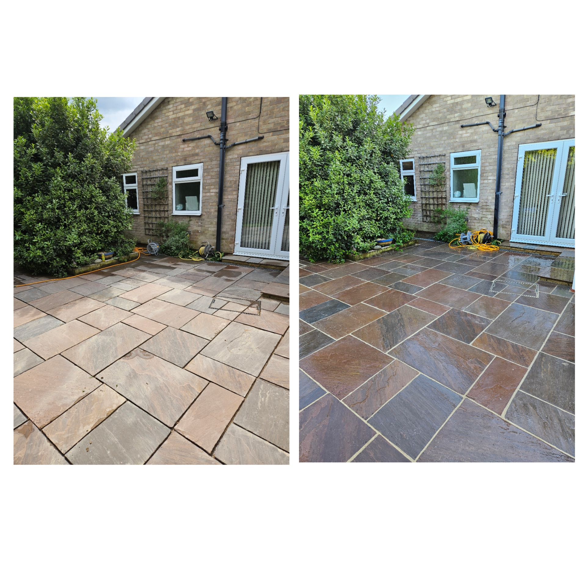 Sandstone patio before and after deep cleaning
