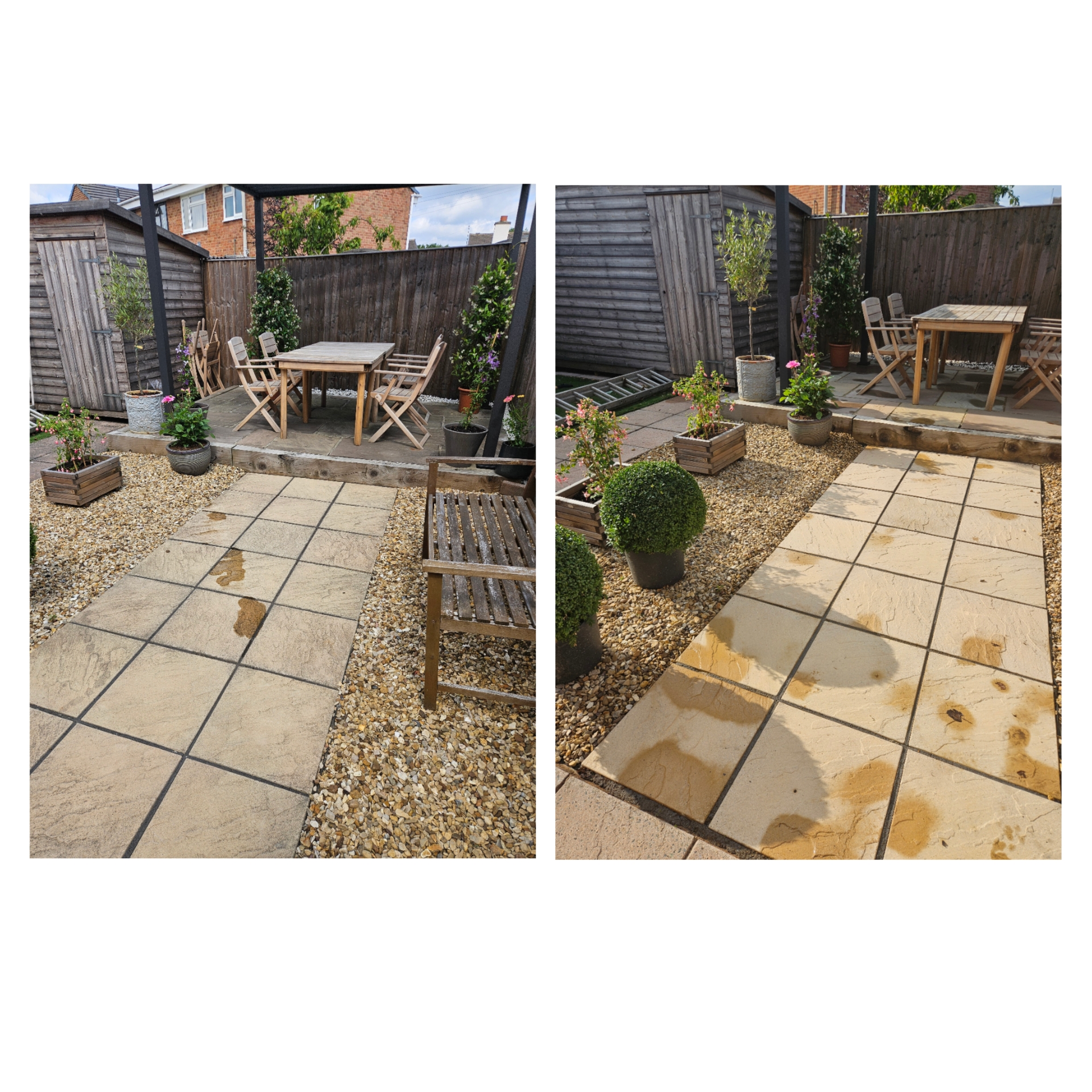 Patio paving slabs before and after professional cleaning