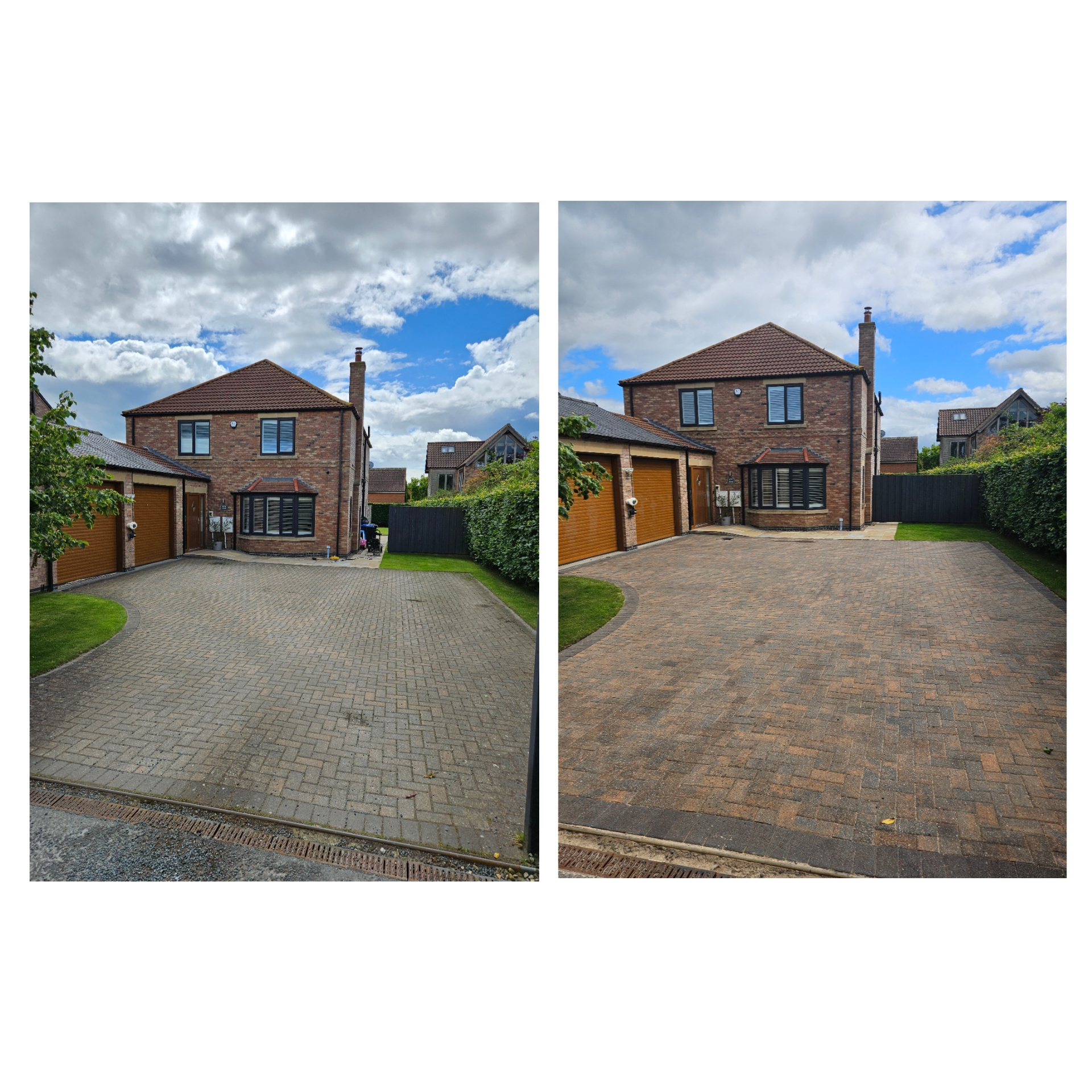 Block paving driveway after pressure washing outside a brick house