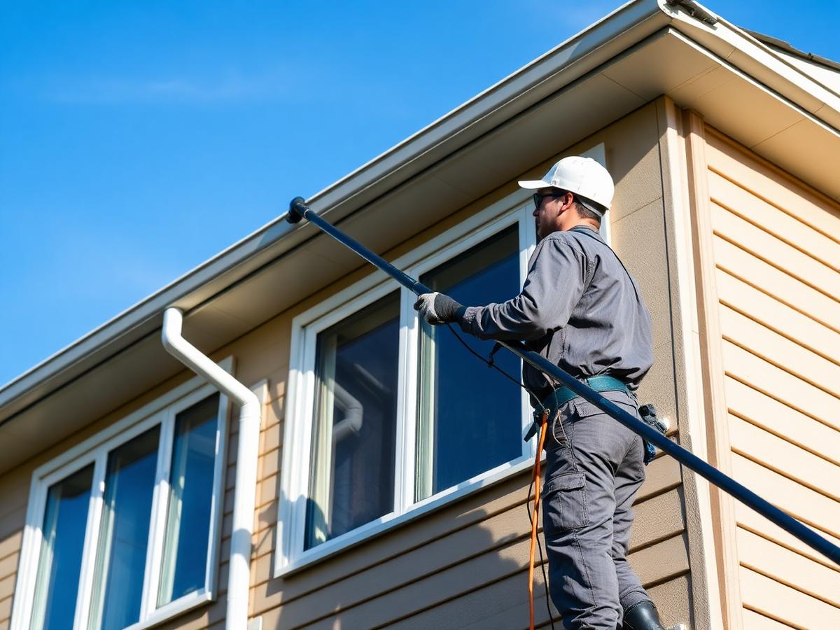 Technician clearing debris from a roofline gutter with a water-fed pole